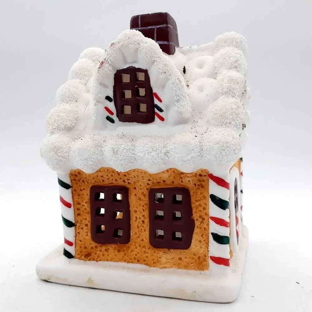 Ceramic Gingerbread House Tealight Candle Holder Snow Roof Holiday Decor